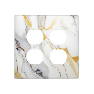 Imagem de VGHOKO Capas de tomada decorativas com textura branca dourada de mármore abstrato, design luxuoso, placa de parede de 2 grupos, receptáculo duplex duplo, capa de interruptor de luz para decoração de