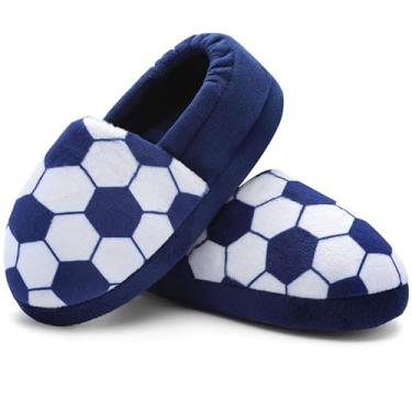 Imagem de Pantufas de futebol infantis para meninos e meninas, macias, felpudas, para crianças pequenas, quentes, em ambientes internos, Azul, 9-10 Little Kid
