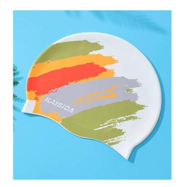 Imagem de KAISIDA Touca de natação, toucas de natação de silicone antiderrapantes à prova d'água para homens e adultos, chapéus de natação confortáveis (branco colorido)