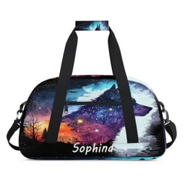 Imagem de Bolsa esportiva personalizada, animal, lobo, galáxia, universo com nome, bolsa de dormir personalizada, bolsa de fim de semana, bolsa de treino para dança, balé, academia, ginástica, mala, viagem
