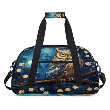 Imagem de Bolsa esportiva animal, coruja e lua, flor, tamanho grande, impermeável, durável, dobrável, bolsa de festa do pijama, bolsa de treino para dança, balé, academia, ginástica, bolsa de viagem, presente