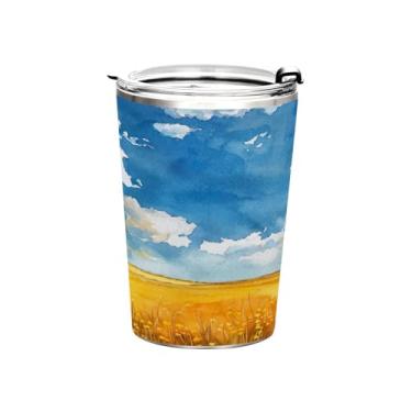 Imagem de Blueangle Copo de 340 g com tampa e canudo, copo de café com água isolada a vácuo de aço inoxidável, caneca de viagem de campo amarelo, copo térmico para bebidas quentes e frias (324)