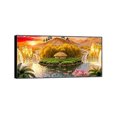 Imagem de Chinoiserie Arte de parede paisagem imagem em tela - outono lago árvore peixe - pintura chinesa - impressões de moldura preta para decoração de casa 50 x 100 cm 20 x 39 pol