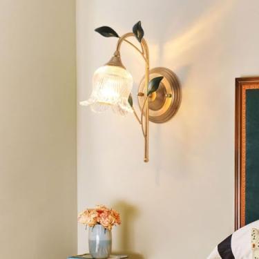Imagem de Luminária de parede em forma de flor de vidro, estilo francês retrô, com soquete E14, luminária de parede rústica antiga, ideal para quarto, cabeceira, sala de estar, corredor, iluminação de