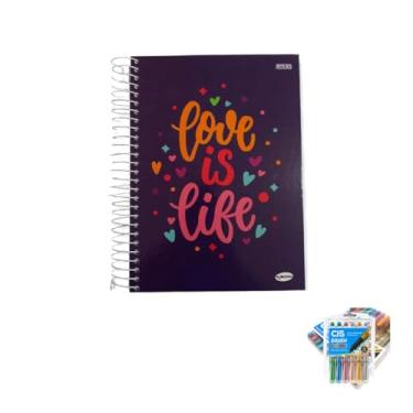 Imagem de Kit Caderno Femininos 20 Matérias Capa Dura 400 Folhas KBOM + Caneta Trigel Metálica + Marcador Artístico Brush Metallic