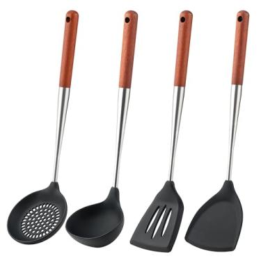 Imagem de FJNATINH Espátula de silicone – espátula – concha – conjunto de utensílios wok de aço inoxidável, antiaderente, resistente ao calor, utensílios de cozinha sem BPA, utensílios de cozinha, cabo de