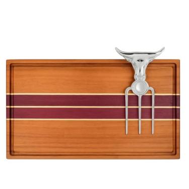 Imagem de Nakagawa Tábua de Carne em Marchetaria Nobre, Muiracatiara e Roxinho, 50x30x3 cm, com Tridente Touro, Canal para Sucos, Design Retangular, para Churrasco