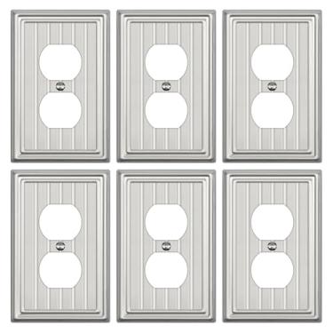Imagem de Placa de parede de metal para tomadas elétricas, placa decorativa de níquel escovado, capa de interruptor de luz, placas de parede de 1 gangue (tomada duplex, pacote com 6)