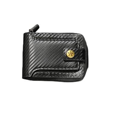 Imagem de Carteira masculina de fibra de carbono com zíper dobrável, design de mini fivela portátil com 10 compartimentos para cartão, janelas para identidade e poliuretano à prova d'água, Preto, Contemporâneo