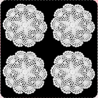 Imagem de Doilies brancos vintage de crochê, 20 cm de renda, redondo, porta-copos de algodão para cozinha, sala de jantar, decoração de festa de casamento, pacote com 4