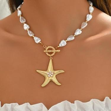 Imagem de Colar de pérolas de estrela do mar dourado para mulheres, pingente de gargantilha, joias delicadas, presentes de amizade para mulheres, presentes de Natal, Dia dos Namorados, Medium, Latão, Sem Pedra