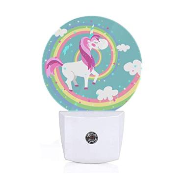 Imagem de Axayaz White Unicorn Plug in Night Light Rainbow Cloud Stars Pink Hair Cute Animal Auto LED Lamp Energy Saving Round Lights for Boys Girls Men Women