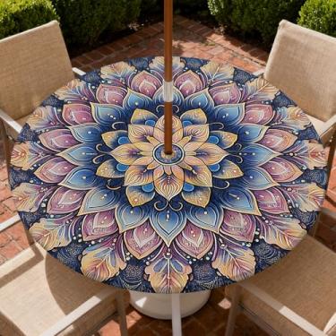 Imagem de COTAIL Toalha de mesa redonda para uso ao ar livre com zíper e orifício para guarda-chuva, toalha de mesa elástica à prova d'água a óleo, para pátio, piquenique, acampamento, jardim, serve para mesa