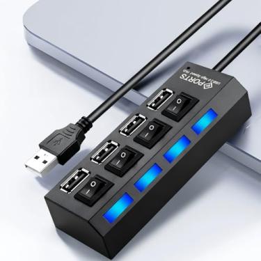 Imagem de Hub USB de 4 portas com indicadores LED, portas 3.0 de alta velocidade e portas 7.0, alimentação de 5 V, comutação independente para teclados, mouses e cartões de memória, design compacto para