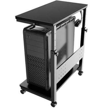 Imagem de PUTORSEN Carrinho com suporte para torre de computador – Carrinho de CPU de 2 níveis com 4 rodízios, suporte de rolamento com placa de apoio e 2 ganchos, altura ajustável de 49 a 70 cm, para jogos de