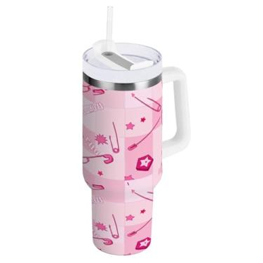 Imagem de Kigai Copo de 1,134 g com alça, pinos de segurança e copos isolados com estrelas com tampa e canudo, garrafa de água esportiva de metal grande, caneca de café de viagem de aço inoxidável