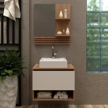 Imagem de Gabinete Suspenso de Banheiro com Cuba e Espelho Ripado Amêndoa - Tecn