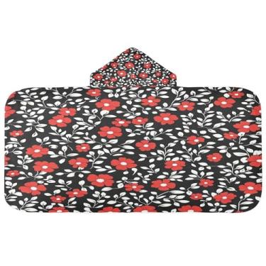 Imagem de Burbuja Toalha de banho com capuz de flores vermelhas pequenas para crianças, toalha de praia de pelúcia macia absorvente para chá de meninas e meninos 3-10 anos, 61 x 127 cm
