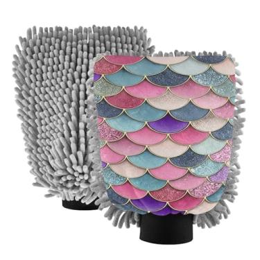 Imagem de STAYTOP Lindas luvas coloridas de sereia para lavagem de carro, 2 peças, luvas de microfibra de chenille, sem arranhões, panos de esponja de lavagem ultra absorventes para carros, limpeza doméstica