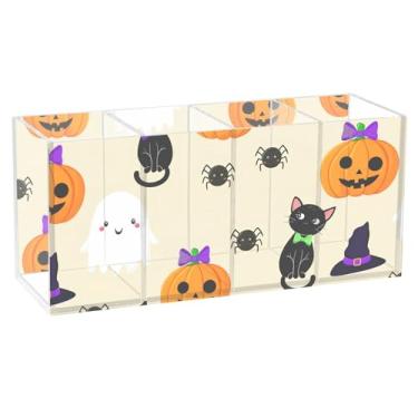 Imagem de Burbuja Porta-canetas de acrílico Cat Pumpkin Boo com 4 compartimentos, suporte de lápis transparente para pincéis de maquiagem, acessórios de mesa de escritório em casa