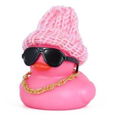 Imagem de BOZILY Pato de borracha rosa com chapéu e óculos de malha - decoração de painel de carro faça você mesmo, decoração de alívio de estresse, ornamento de Natal para adultos, acessório de mesa de