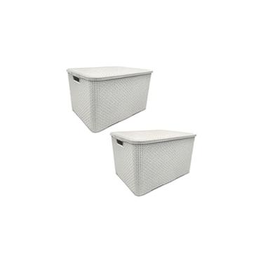 Imagem de Caixa Organizadora Plástica Branca com Alças em Madeira, 32x20x14cm, para Casa e Escritório, Organizador Multiuso