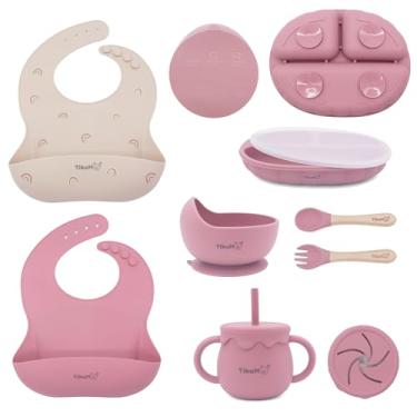 Imagem de Tikum Conjunto de desmame de LED para bebês, conjunto de alimentação de silicone de 9 peças com placa de sucção, tampa, tigela, copo com canudo, utensílios e 1 espaço e 1 babador sólido, sem BPA, pode