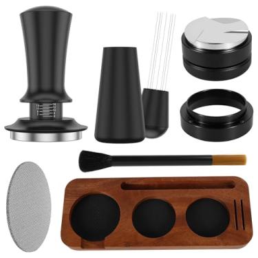Imagem de Kit de acessórios de café expresso de 51 mm, 7 ferramentas de adulteração de café expresso, conjunto de ferramentas WDT com estação de adulteração de madeira, agitador distribuidor, funil de dosagem