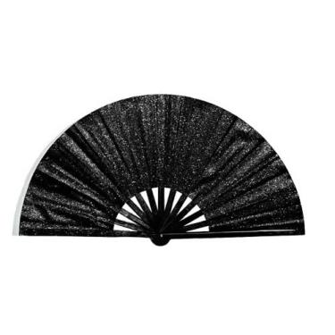 Imagem de Leque Grande Brilho Glitter Colorido Para Festa Dança Carnaval Decoração Luxo Oriental 34x60cm(Leque Glitter Preto,kit c/ 5)