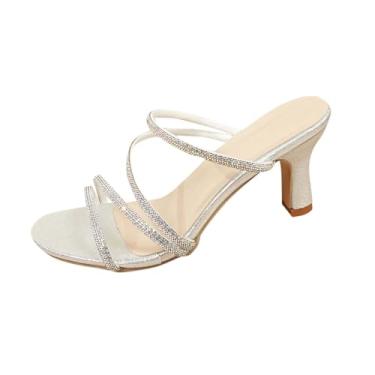 Imagem de Sandálias femininas de salto alto de bico redondo para uso casual e versátil primavera verão confortável lazer ao ar livre sem caixa de sapatos, Prata, 35