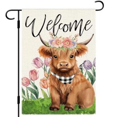 Imagem de DLZDN Bandeira de jardim floral Spring Highland Cow 30,5 x 45,7 cm, dupla face, serapilheira, vertical, quintal, sinalização sazonal, decoração ao ar livre