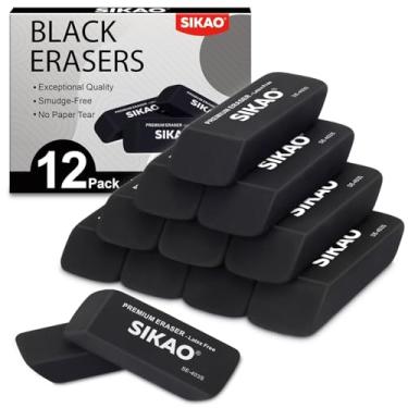 Imagem de Sikao Borrachas pretas pacote com 12 borrachas de lápis para crianças, borrachas chanfradas pretas sem látex