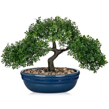 Imagem de Árvore de bonsai artificial, plantas falsas, decoração de interior com vasos de cerâmica azul para casa, mesa, escritório, banheiro, prateleira, quarto, sala de estar, casa de fazenda, decoração