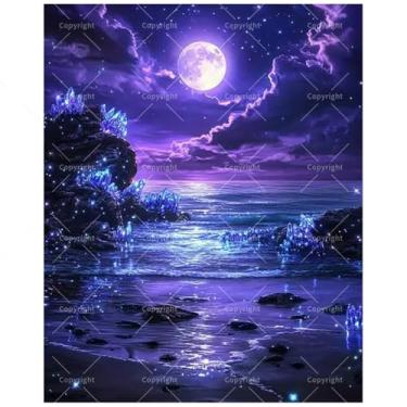 Imagem de TAOPAOLAB Kit de pintura de fantasia por números para adultos – DIY oceano enluarado com cristais brilhantes pintura em tela 40,6 x 50 cm, conjunto de tinta acrílica emoldurada para iniciantes, arte