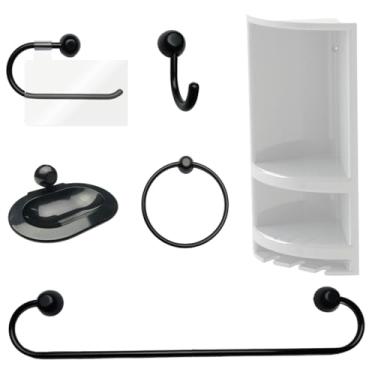 Imagem de Suporte de Canto Cantoneira Porta Shampoo Branco + Kit Para Banheiro Redondo 5 Pçs Preto