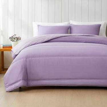 Imagem de Lush Decor Oslo Conjunto de edredom acolchoado macio reversível, conjunto de 3 peças, lavanda - conjunto de cama para adolescentes - edredom roxo - colcha queen - decoração minimalista e moderna de