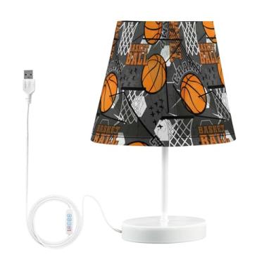 Imagem de Joisal Luminária de mesa de cabeceira esportiva abstrata de basquete Grunge com abajur de linho para mesa, luz USB