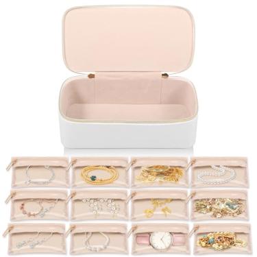 Imagem de Organizador de joias de viagem, 22 x 12 x 12 x 7 cm, caixa organizadora portátil com 12 miçangas de veludo, feito de couro PU à prova d'água para clipe de cabelo, colar, pulseira, brinco