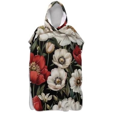 Imagem de Joisal Roupão de mudança de poncho de surfe para adultos toalhas de banho com capuz absorvente vintage branco flores vermelhas homens mulheres poncho com capuz