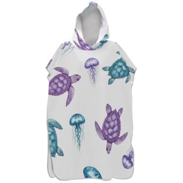 Imagem de Joisal Poncho de surfe trocador de roupão adulto com capuz toalha de praia estampado plus size unissex adulto poncho com capuz tartaruga fofa água-viva branca