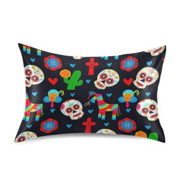 Imagem de Fronhas de cetim lindas estampas de arte refrescante King Queen Standard Pillows Slips Home Decor Bedding Queen Size 76.2 cm x 50.8 cm Colorido Skulls Black Cartoon