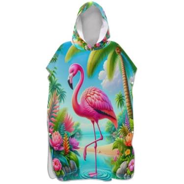 Imagem de Joisal Roupão de mudança de poncho de surfe para adultos toalhas de banho com capuz unissex poncho adulto com capuz rosa palmeira flamingo