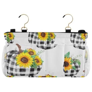 Imagem de TSENQUE Abóboras Branco Xadrez Girassóis Cabeceira Caddy para Dormitório Cama Bonito Organizador Bolso Armazenamento Colégio Dormitório Suporte Remoto