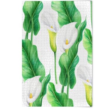 Imagem de Quebra-cabeça de lírios brancos folhas verdes 1000 peças para adultos, presentes engraçados de tecnologia de jogo, quebra-cabeças de paisagem, estampa de arte de animais fofos, 1000 peças, 75 x 50 cm