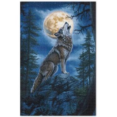 Imagem de Quebra-cabeça personalizado lobo uivando lua azul para adultos 500 peças pintura artística de cenário quebra-cabeças grandes elefante branco, 51 x 35 centímetros