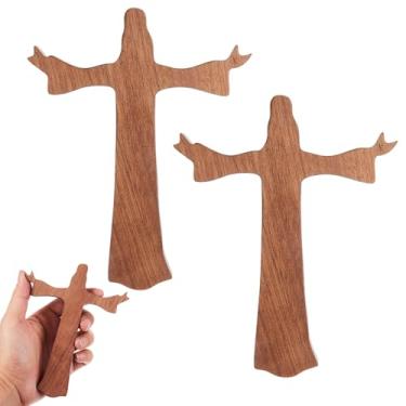 Imagem de Fiwochic Pacote com 2, crucifixo esculpido Jesus para parede, cruz da Terra Santa, decoração de casa cristã católica, sapele Wood Bethlehem para presente de batismo de Natal