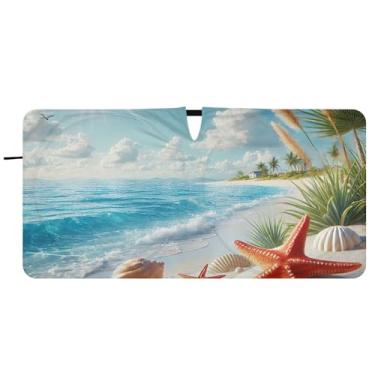Imagem de Guarda-sol personalizado com concha costeira estrela do mar para para-brisa de carro impressão dobrável engraçada protetor solar automotivo capa de para-brisa 76 cm x 149 cm