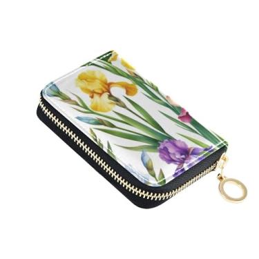 Imagem de Carteira feminina de couro com folhas verdes e íris coloridas, porta-cartões de crédito, bloqueio RFID, pequena carteira para moedas com zíper