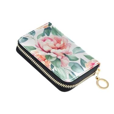 Imagem de Carteira feminina de couro com porta-cartões com bloqueio de RFID, pequeno porta-cartões e dinheiro, aquarela flores rosa