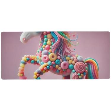 Imagem de Tapete de mouse de mesa rosa unicórnio doce, macio, grande, 80 x 30 cm, superfície durável para movimentos precisos do mouse, base antiderrapante
